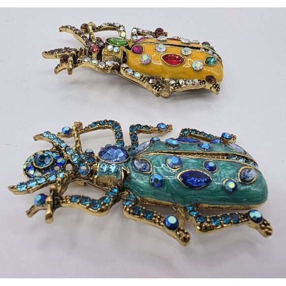 Beetle Scarab Brooches Lot of 2 Teal‎ Yellow Enamel Rhinestones Gold Tone Egypt - Picture 5 of 8